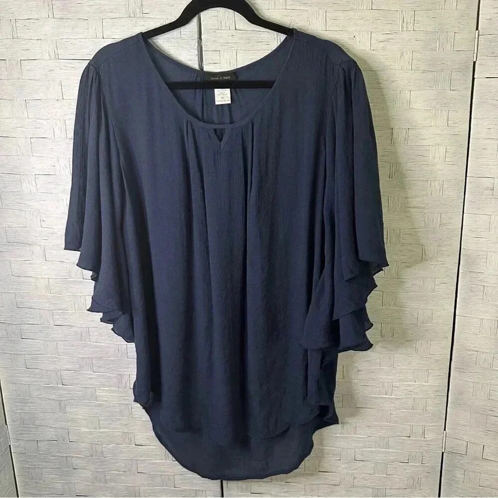 Jennie & Marlis Flutter Shoulder‎ Cape Layered Short Sleeve Blue Blouse bohemian